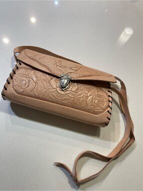 Tooled Floral Leather Crossbody Bag - Nude